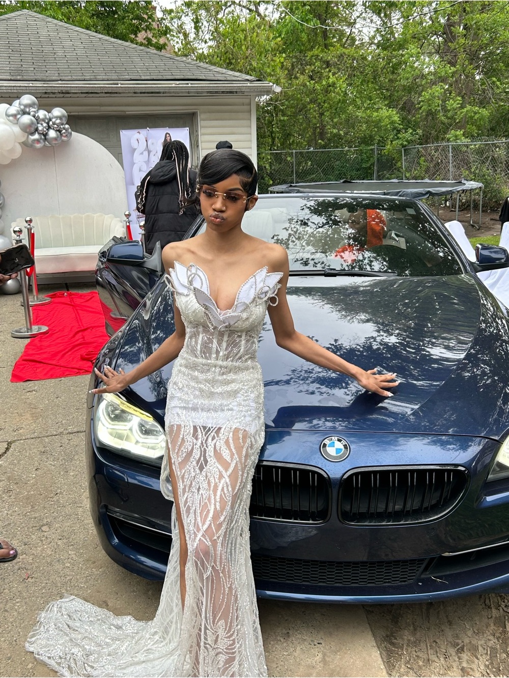 Beaded White Illusion Off-Shoulder Prom Dress